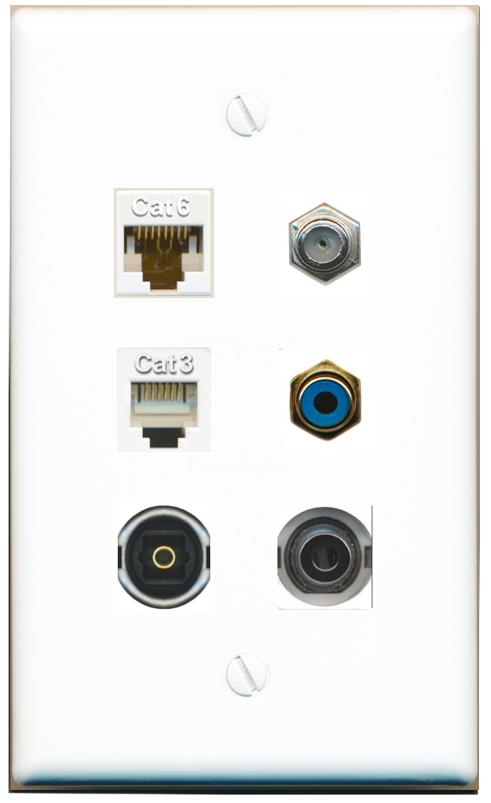  3.5mm CAT6 COAX PHONE RCA-BLUE TOSLINK Flat/Solid Wall Plate [White]