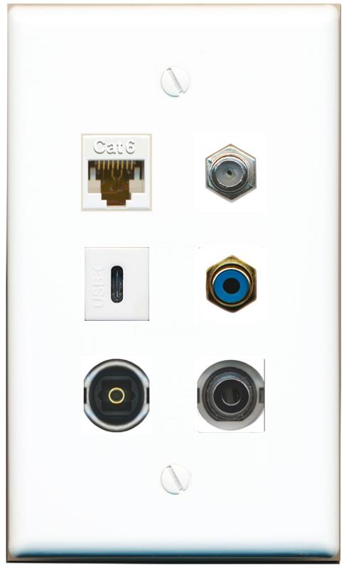  3.5mm CAT6 COAX RCA-BLUE TOSLINK USBC Flat/Solid Wall Plate [White]