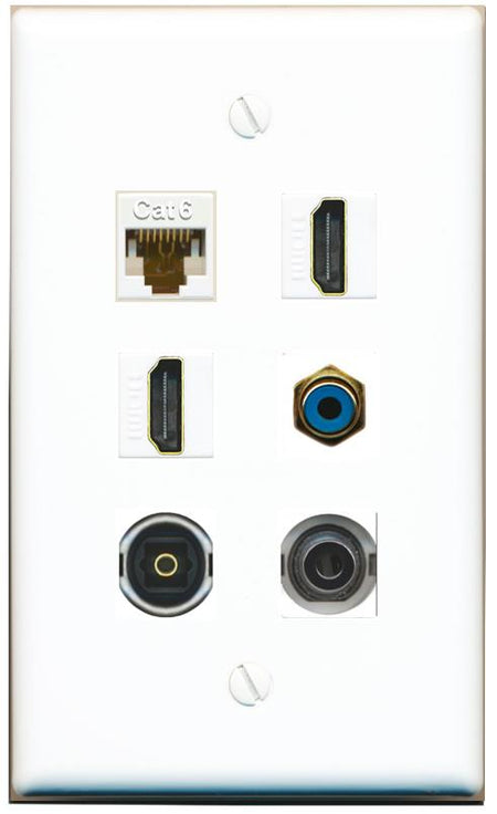  3.5mm CAT6 2 HDMI RCA-BLUE TOSLINK Flat/Solid Wall Plate [White]