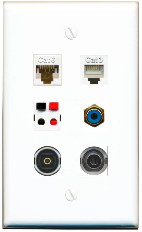  3.5mm CAT6 PHONE RCA-BLUE SPEAKER TOSLINK Flat/Solid Wall Plate [White]