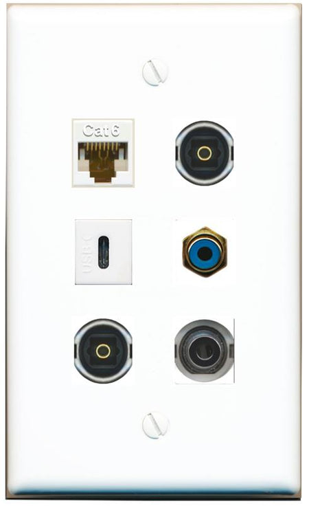  3.5mm CAT6 RCA-BLUE 2 TOSLINK USBC Flat/Solid Wall Plate [White]