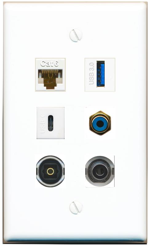  3.5mm CAT6 RCA-BLUE TOSLINK USB-3 USBC Flat/Solid Wall Plate [White]