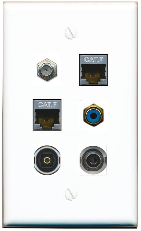  3.5mm 2 CAT7 COAX RCA-BLUE TOSLINK Flat/Solid Wall Plate [White]