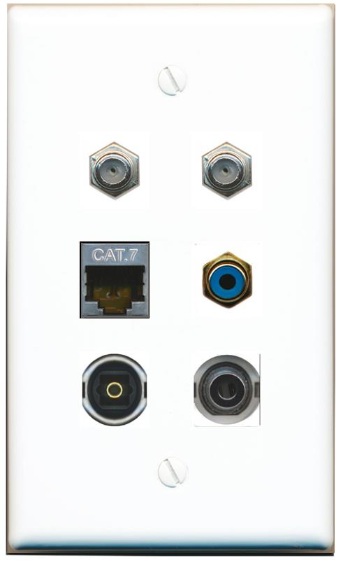  3.5mm CAT7 2 COAX RCA-BLUE TOSLINK Flat/Solid Wall Plate [White]