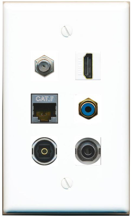  3.5mm CAT7 COAX HDMI RCA-BLUE TOSLINK Flat/Solid Wall Plate [White]