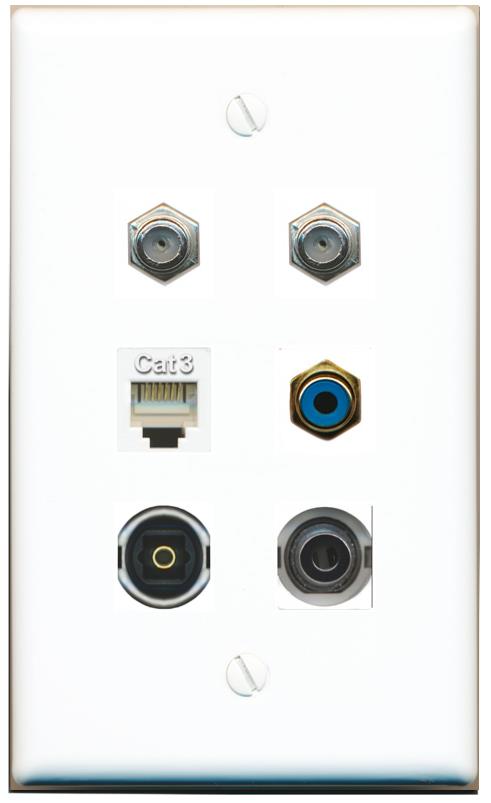  3.5mm 2 COAX PHONE RCA-BLUE TOSLINK Flat/Solid Wall Plate [White]