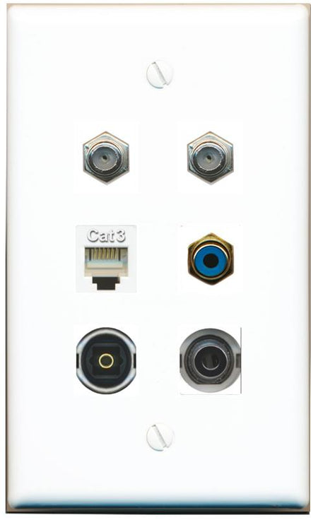  3.5mm 2 COAX PHONE RCA-BLUE TOSLINK Flat/Solid Wall Plate [White]