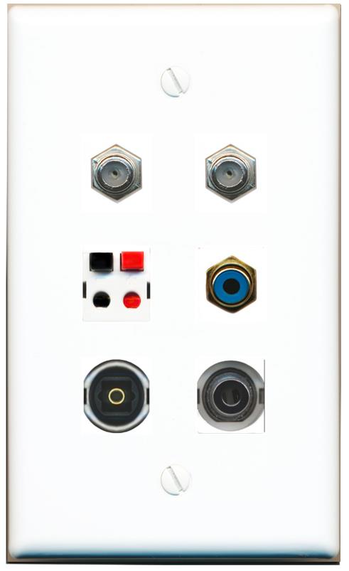  3.5mm 2 COAX RCA-BLUE SPEAKER TOSLINK Flat/Solid Wall Plate [White]