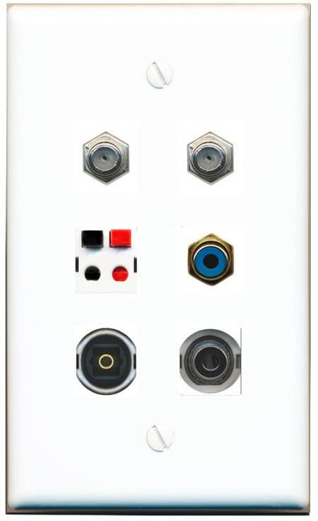  3.5mm 2 COAX RCA-BLUE SPEAKER TOSLINK Flat/Solid Wall Plate [White]