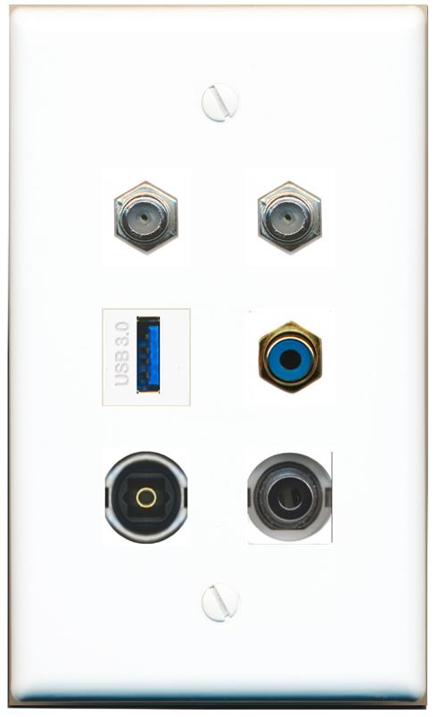  3.5mm 2 COAX RCA-BLUE TOSLINK USB-3 Flat/Solid Wall Plate [White]
