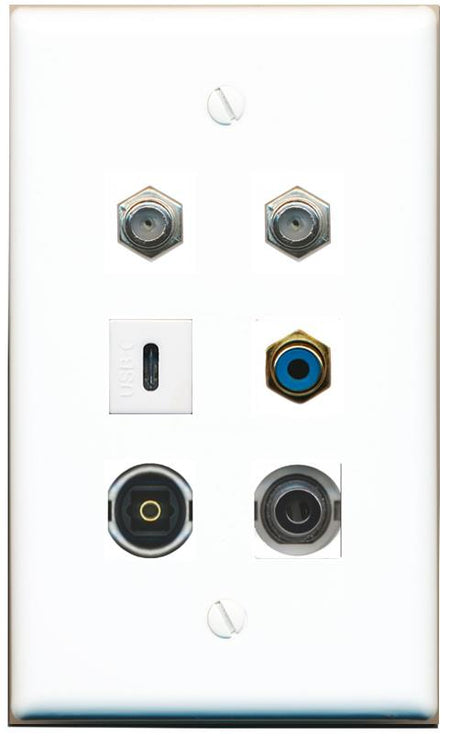  3.5mm 2 COAX RCA-BLUE TOSLINK USBC Flat/Solid Wall Plate [White]