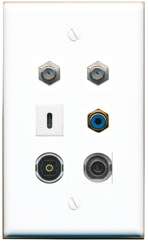  3.5mm 2 COAX RCA-BLUE TOSLINK USBC Flat/Solid Wall Plate [White]