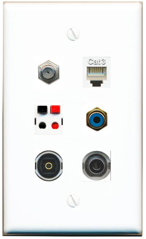  3.5mm COAX PHONE RCA-BLUE SPEAKER TOSLINK Flat/Solid Wall Plate [White]
