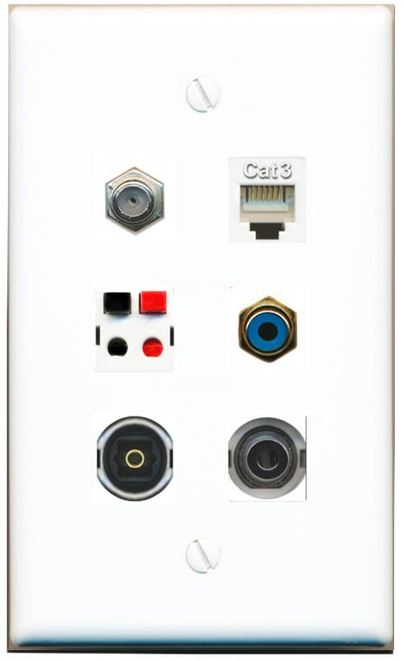  3.5mm COAX PHONE RCA-BLUE SPEAKER TOSLINK Flat/Solid Wall Plate [White]