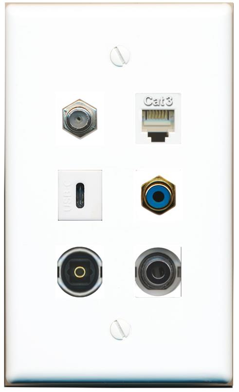  3.5mm COAX PHONE RCA-BLUE TOSLINK USBC Flat/Solid Wall Plate [White]