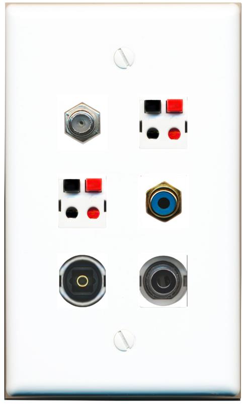  3.5mm COAX RCA-BLUE 2 SPEAKER TOSLINK Flat/Solid Wall Plate [White]