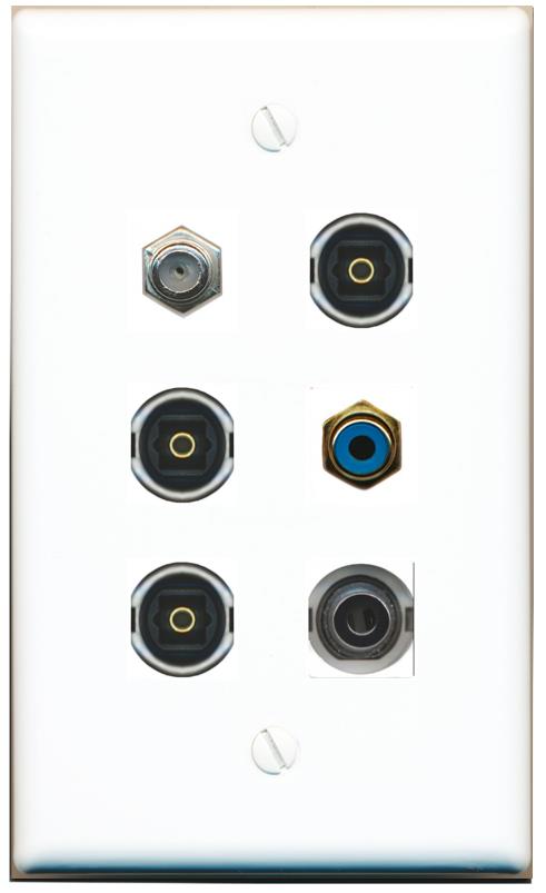  3.5mm COAX RCA-BLUE 3 TOSLINK Flat/Solid Wall Plate [White]