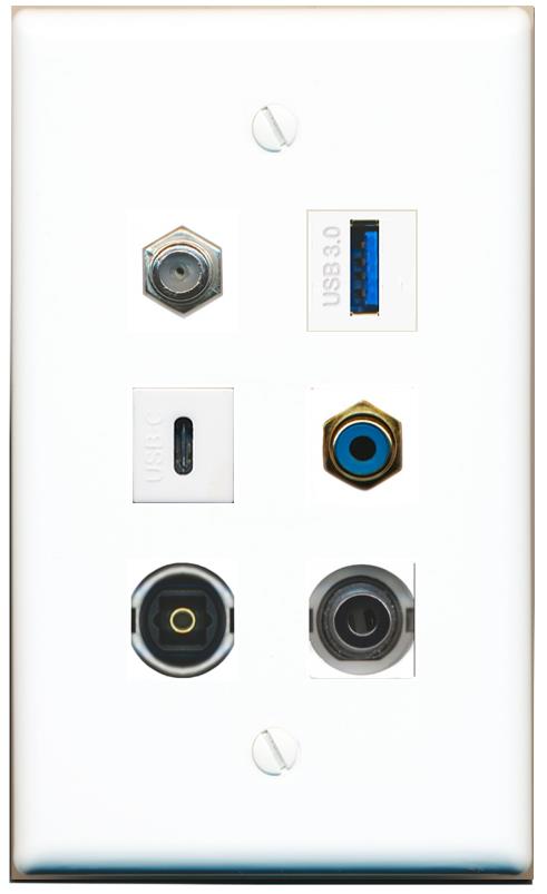 3.5mm COAX RCA-BLUE TOSLINK USB-3 USBC Flat/Solid Wall Plate [White]