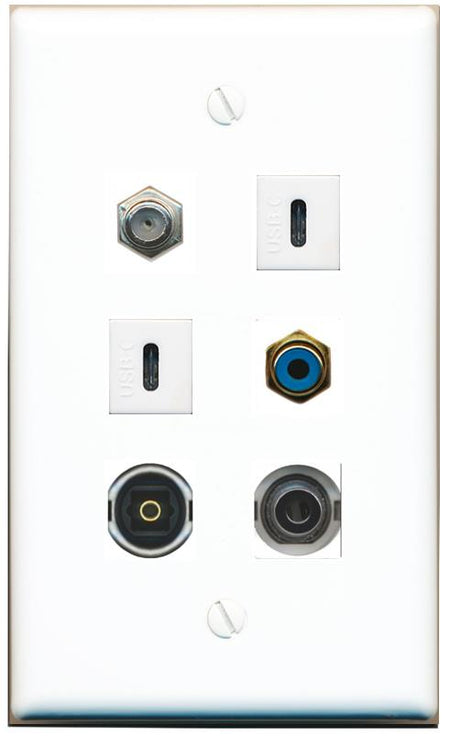  3.5mm COAX RCA-BLUE TOSLINK 2 USBC Flat/Solid Wall Plate [White]
