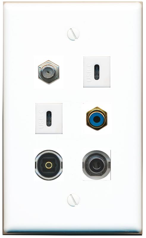  3.5mm COAX RCA-BLUE TOSLINK 2 USBC Flat/Solid Wall Plate [White]