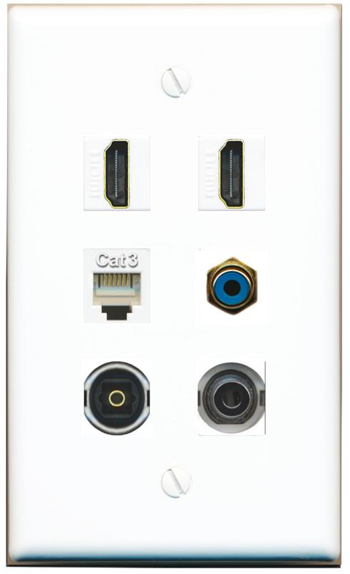  3.5mm 2 HDMI PHONE RCA-BLUE TOSLINK Flat/Solid Wall Plate [White]