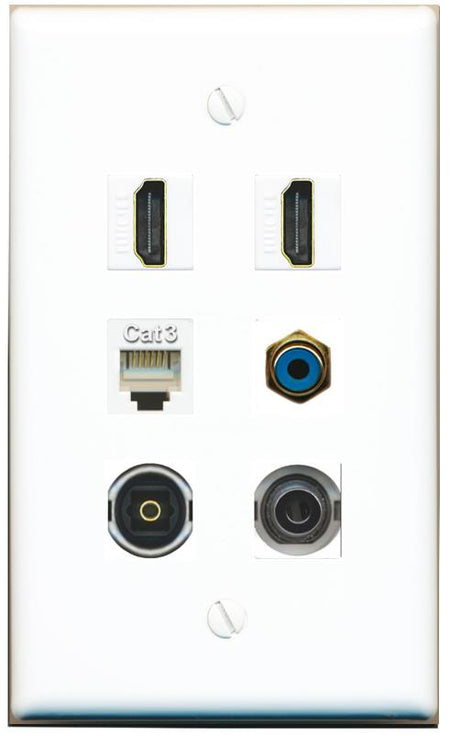  3.5mm 2 HDMI PHONE RCA-BLUE TOSLINK Flat/Solid Wall Plate [White]