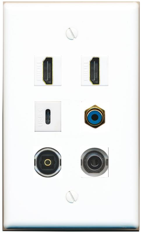  3.5mm 2 HDMI RCA-BLUE TOSLINK USBC Flat/Solid Wall Plate [White]