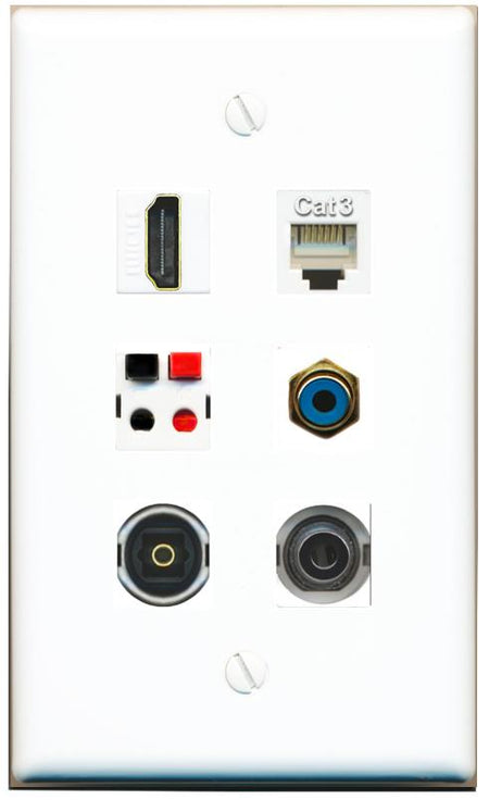  3.5mm HDMI PHONE RCA-BLUE SPEAKER TOSLINK Flat/Solid Wall Plate [White]