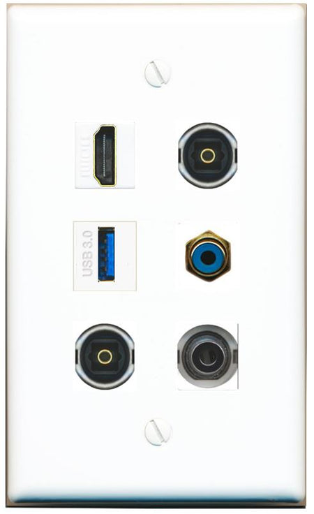  3.5mm HDMI RCA-BLUE 2 TOSLINK USB-3 Flat/Solid Wall Plate [White]