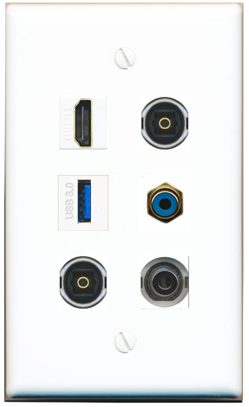  3.5mm HDMI RCA-BLUE 2 TOSLINK USB-3 Flat/Solid Wall Plate [White]