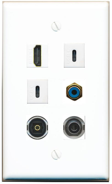  3.5mm HDMI RCA-BLUE TOSLINK 2 USBC Flat/Solid Wall Plate [White]