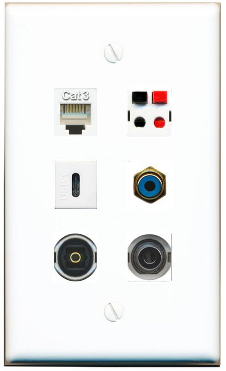  3.5mm PHONE RCA-BLUE SPEAKER TOSLINK USBC Flat/Solid Wall Plate [White]