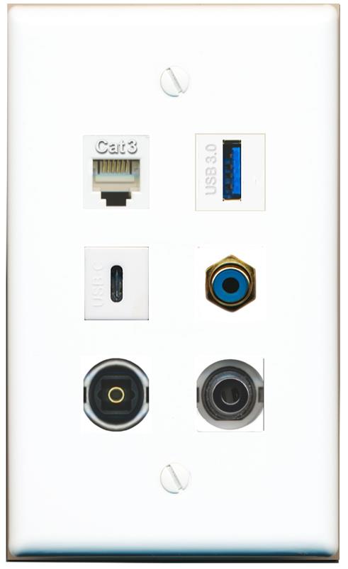  3.5mm PHONE RCA-BLUE TOSLINK USB-3 USBC Flat/Solid Wall Plate [White]