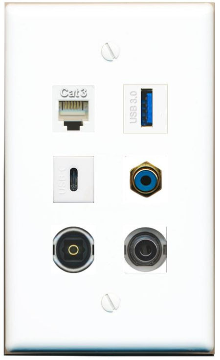  3.5mm PHONE RCA-BLUE TOSLINK USB-3 USBC Flat/Solid Wall Plate [White]