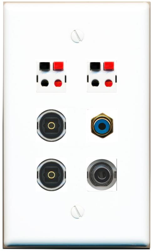  3.5mm RCA-BLUE 2 SPEAKER 2 TOSLINK Flat/Solid Wall Plate [White]