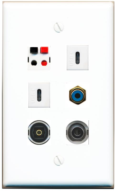  3.5mm RCA-BLUE SPEAKER TOSLINK 2 USBC Flat/Solid Wall Plate [White]