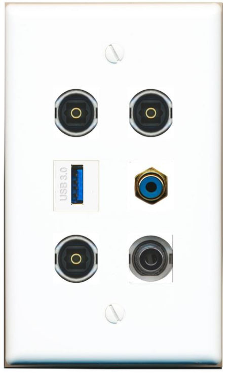  3.5mm RCA-BLUE 3 TOSLINK USB-3 Flat/Solid Wall Plate [White]