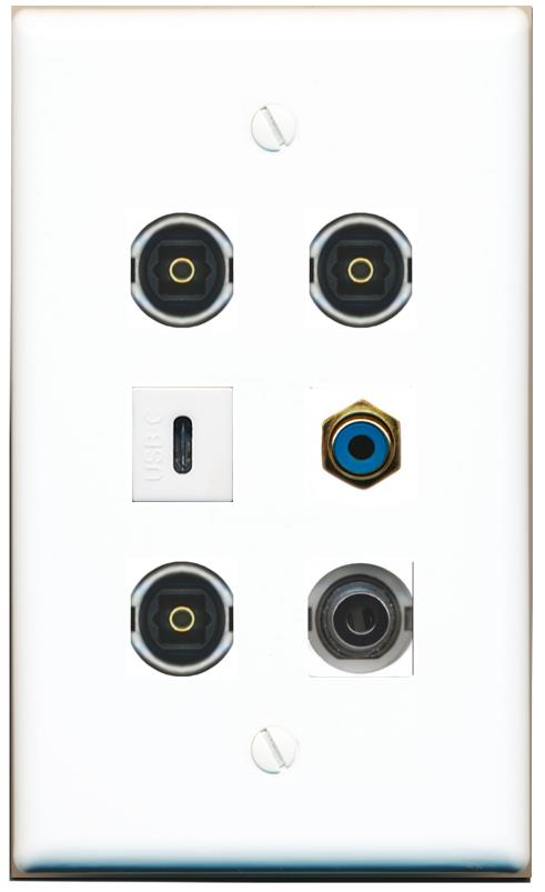  3.5mm RCA-BLUE 3 TOSLINK USBC Flat/Solid Wall Plate [White]