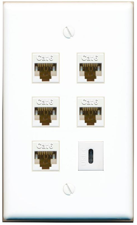  5 CAT6 USBC Flat/Solid Wall Plate [White]