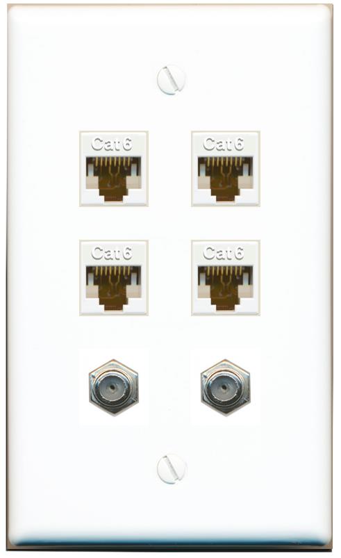  4 CAT6 2 COAX Flat/Solid Wall Plate [White]