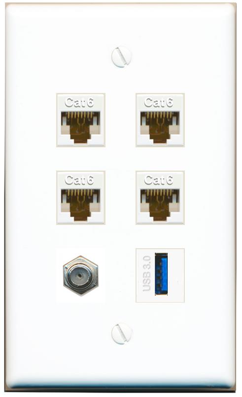  4 CAT6 COAX USB-3 Flat/Solid Wall Plate [White]