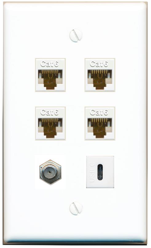  4 CAT6 COAX USBC Flat/Solid Wall Plate [White]