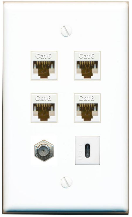  4 CAT6 COAX USBC Flat/Solid Wall Plate [White]