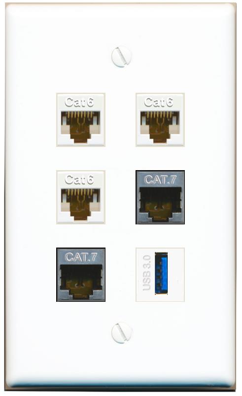  3 CAT6 2 CAT7 USB-3 Flat/Solid Wall Plate [White]
