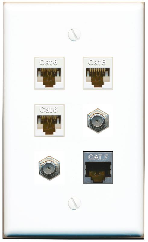  3 CAT6 CAT7 2 COAX Flat/Solid Wall Plate [White]