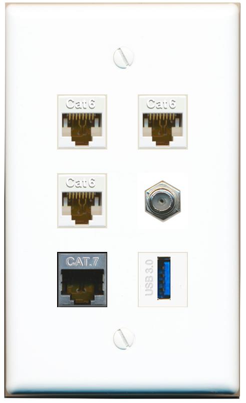  3 CAT6 CAT7 COAX USB-3 Flat/Solid Wall Plate [White]