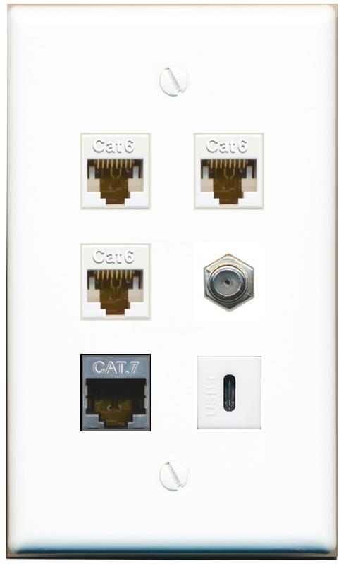  3 CAT6 CAT7 COAX USBC Flat/Solid Wall Plate [White]
