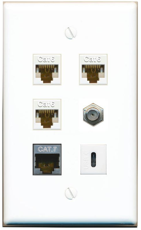  3 CAT6 CAT7 COAX USBC Flat/Solid Wall Plate [White]