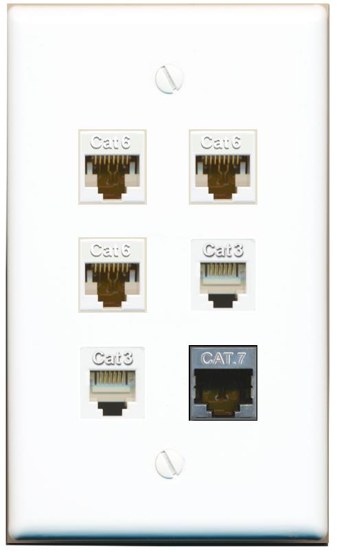  3 CAT6 CAT7 2 PHONE Flat/Solid Wall Plate [White]