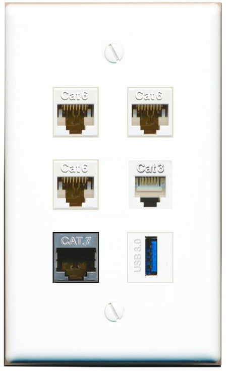  3 CAT6 CAT7 PHONE USB-3 Flat/Solid Wall Plate [White]